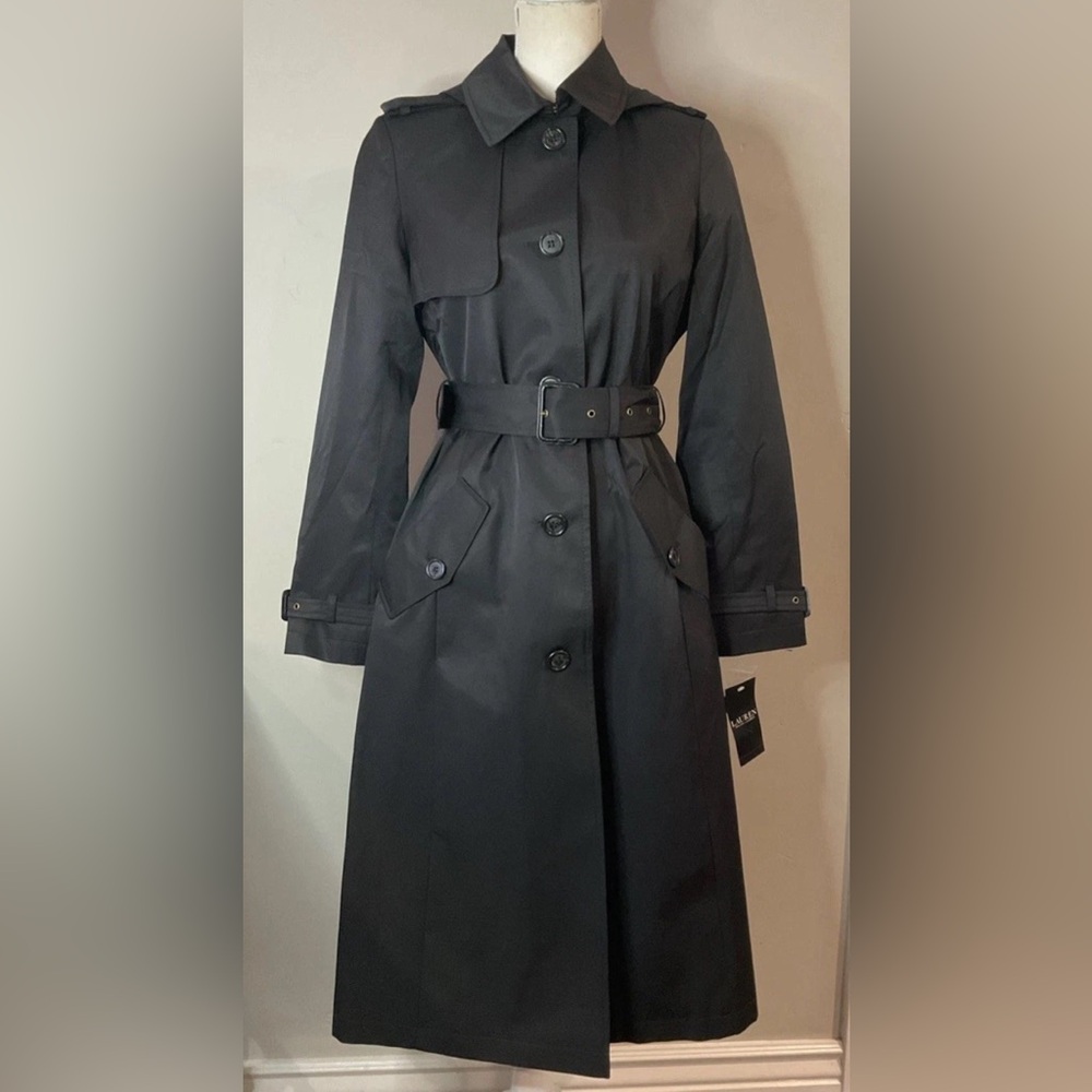 Lauren Ralph Lauren Single Breasted Trench Coat Hooded Belted Black Sz S NWT - Picture 4 of 12